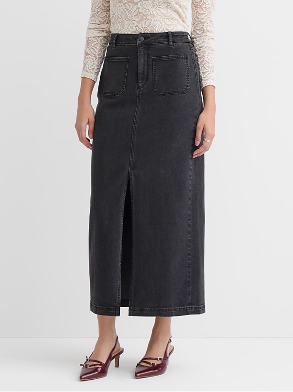 LOFT Black Denim Maxi Skirt Front Slit High Rise Size 6